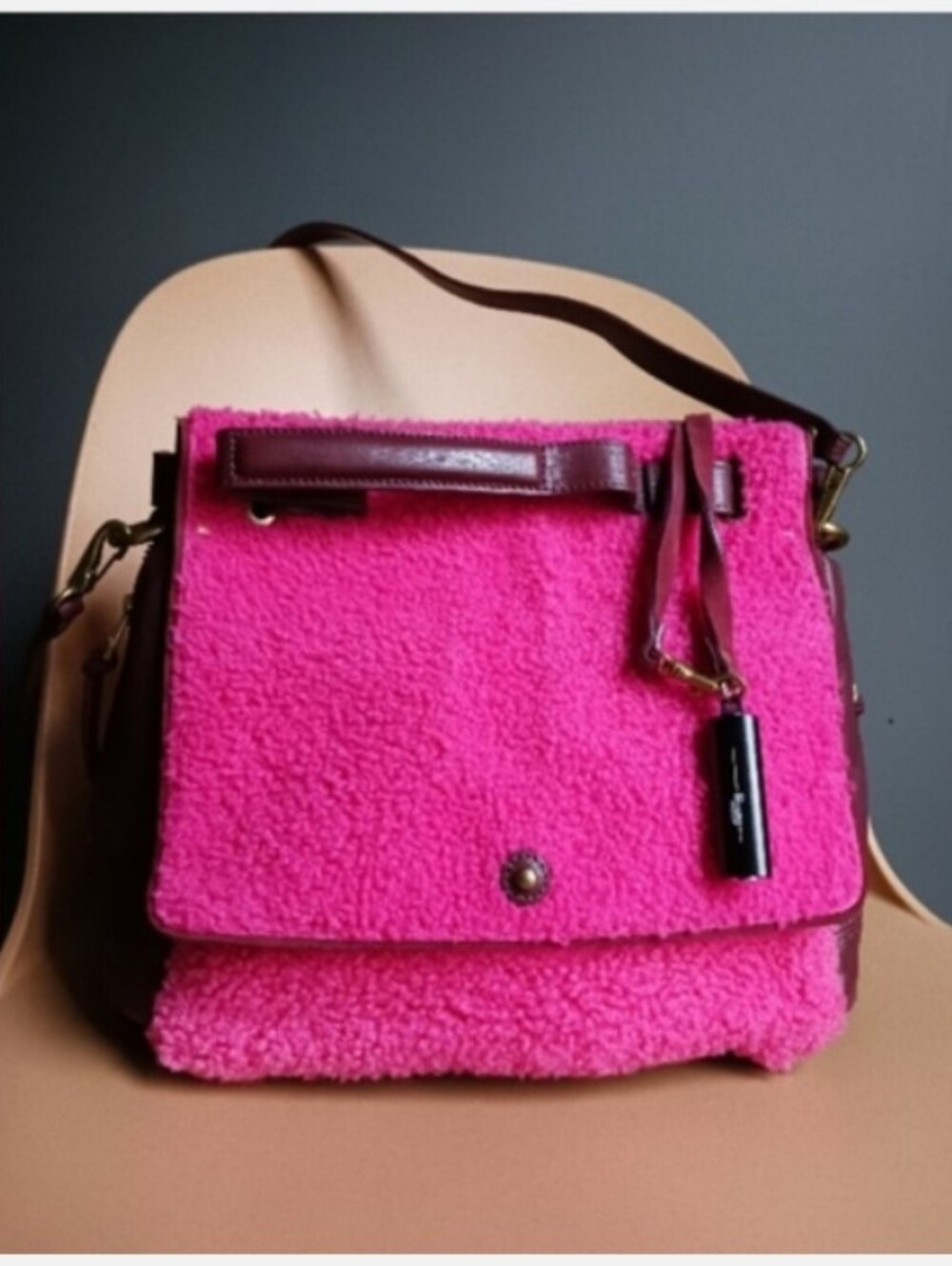 Jerome Dreyfuss Johan Pink Sherpa/ Burgundy Leather Crossbody Bag. - Picture 5 of 16
